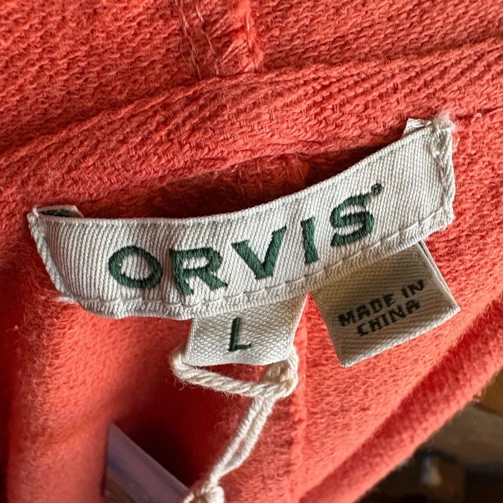 Orvis Orange open front cardigan with hoodie pockets sz L NWT 100% cotton